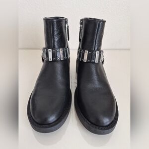 Nine West Black Leather Ankle Boots, Silver Buckle Strap, Women’s Size 6.5